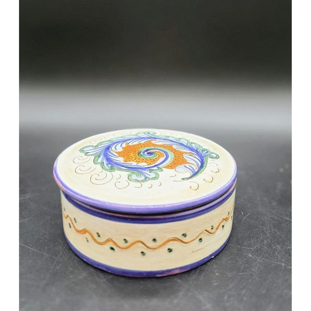 Vintage Giglioni Deruta Italian Pottery Lidded Trinket Box Round Hand Painted